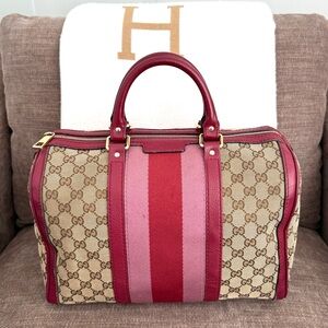 Authentic Gucci Boston satchel bag brown monogram canvas pink red accents